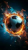 Artistic soccer render Abstract graphic elements enhance the illuminated football backdrop Vertical Mobile Wallpaper AI Generated photo