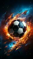 Artistic soccer render Abstract graphic elements enhance the illuminated football backdrop Vertical Mobile Wallpaper AI Generated photo