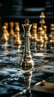 Chessboard hosts gold and silver pieces, symbolizing leadership concepts in business Vertical Mobile Wallpaper AI Generated photo