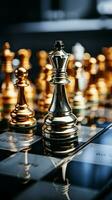 Chessboards gold and silver pieces represent the essence of business leadership concepts Vertical Mobile Wallpaper AI Generated photo