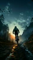 ciclismo debajo el noche cielo, un sereno y sin prisa paseo vertical móvil fondo de pantalla ai generado foto