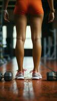 In a modern gym, two dumbbells lie beside a female foot, epitomizing fitness Vertical Mobile Wallpaper AI Generated photo