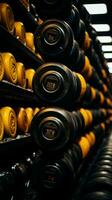 Neatly organized rows of dumbbells await gym goers for diverse weightlifting exercises Vertical Mobile Wallpaper AI Generated photo