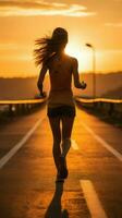 al aire libre ejercicio un mujer trenes para un maratón, corriendo en un puesta de sol sendero vertical móvil fondo de pantalla ai generado foto