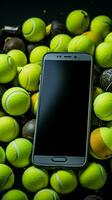 Sporting essentials Tennis balls and a racket, with a mobile phone nearby Vertical Mobile Wallpaper AI Generated photo