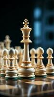 Side view of a chessboard illustrates a strategic business concept with figures Vertical Mobile Wallpaper AI Generated photo
