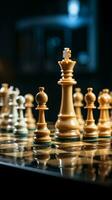 Side view of a chessboard illustrates a strategic business concept with figures Vertical Mobile Wallpaper AI Generated photo