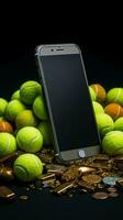 deportivo esenciales tenis pelotas y un raqueta, con un móvil teléfono cerca vertical móvil fondo de pantalla ai generado foto