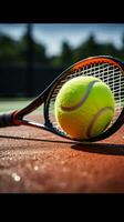 tenis esenciales en un recién pintado Corte raqueta, pelota, y emoción vertical móvil fondo de pantalla ai generado foto
