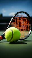 tenis esenciales en un recién pintado Corte raqueta, pelota, y emoción vertical móvil fondo de pantalla ai generado foto