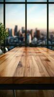 A clean slate Wooden table against a modern office, ready for product presentation Vertical Mobile Wallpaper AI Generated photo