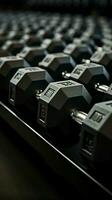 A collection of black dumbbells, each offering various weight options for fitness Vertical Mobile Wallpaper AI Generated photo