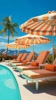 Vibrant poolside umbrellas provide shade for comfortable lounging chairs around the pool Vertical Mobile Wallpaper AI Generated photo