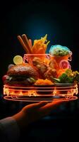 A neon sign entices with delicious food, drawing you in with open hand Vertical Mobile Wallpaper AI Generated photo