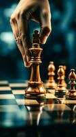 A hand maneuvers a chess piece labeled Chess with strategic intent Vertical Mobile Wallpaper AI Generated photo