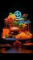 A neon sign entices with delicious food, drawing you in with open hand Vertical Mobile Wallpaper AI Generated photo