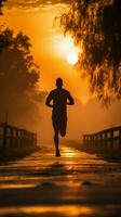 A silhouette of a fitness focused man running in the early morning light Vertical Mobile Wallpaper AI Generated photo