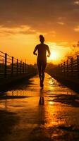 A silhouette of a young fitness enthusiast jogging against a stunning sunrise Vertical Mobile Wallpaper AI Generated photo