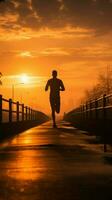 A silhouette of a young fitness enthusiast jogging against a stunning sunrise Vertical Mobile Wallpaper AI Generated photo
