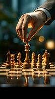 A skilled hand deftly slides a chess piece marked Chess across Vertical Mobile Wallpaper AI Generated photo