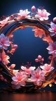 Elegant floral halo Pink blooms surround a circle, lit by neons blue Vertical Mobile Wallpaper AI Generated photo
