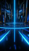 Futuristic 3D abstraction Vivid blue neon radiates on a deep black illustration Vertical Mobile Wallpaper AI Generated photo