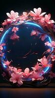 Glowing garden embrace Blue neon lights accentuate the pink floral circle Vertical Mobile Wallpaper AI Generated photo