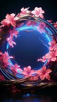 Glowing garden embrace Blue neon lights accentuate the pink floral circle Vertical Mobile Wallpaper AI Generated photo