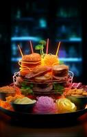 Glowing gastronomy Neon light enhances the presentation of delectable dishes Vertical Mobile Wallpaper AI Generated photo