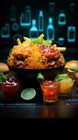 Glowing gastronomy Neon light enhances the presentation of delectable dishes Vertical Mobile Wallpaper AI Generated photo