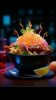 Glowing gastronomy Neon light enhances the presentation of delectable dishes Vertical Mobile Wallpaper AI Generated photo