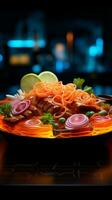 Glowing gastronomy Neon light enhances the presentation of delectable dishes Vertical Mobile Wallpaper AI Generated photo