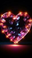 Glowing hearts sign Retro neon design radiates on a black background Vertical Mobile Wallpaper AI Generated photo