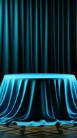 3D rendered round table, blue tablecloth, matching background, and knit curtains Vertical Mobile Wallpaper AI Generated photo