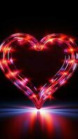 Glowing hearts sign Retro neon design radiates on a black background Vertical Mobile Wallpaper AI Generated photo