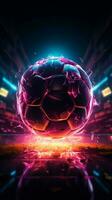 Glowing sports betting ad A neon banner featuring a soccer ball theme Vertical Mobile Wallpaper AI Generated photo