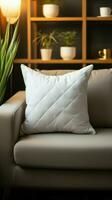 Homey comfort White square pillow mockup on a cozy grey armchair Vertical Mobile Wallpaper AI Generated photo