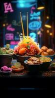 Illuminated flavors Food shines brightly under the captivating glow of neon Vertical Mobile Wallpaper AI Generated photo