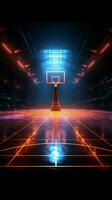 inmersivo virtual deporte 3d hacer de un neón iluminado baloncesto campos lado ver vertical móvil fondo de pantalla ai generado foto