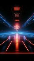 inmersivo virtual deporte 3d hacer de un neón iluminado baloncesto campos lado ver vertical móvil fondo de pantalla ai generado foto