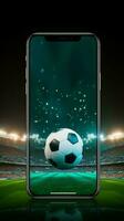 en 3d, un teléfono inteligente muestra un En Vivo fútbol juego en sus blanco pantalla en contra un oscuro fondo vertical móvil fondo de pantalla ai generado foto