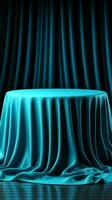 3D rendered round table, blue tablecloth, matching background, and knit curtains Vertical Mobile Wallpaper AI Generated photo