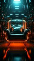 Chiaroscuro elegance A chair in a dim room softly bathed in neon Vertical Mobile Wallpaper AI Generated photo