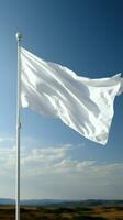 aislado blanco bandera en un asta de bandera, de cerca disparo, revoloteando en el viento vertical móvil fondo de pantalla ai generado foto