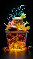 Luminous culinary art Neon light transforms food into an enchanting visual feast Vertical Mobile Wallpaper AI Generated photo