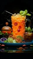 luminoso culinario Arte neón ligero transforma comida dentro un encantador visual banquete vertical móvil fondo de pantalla ai generado foto