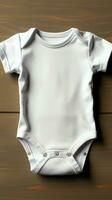 Mockup of a white baby short sleeve bodysuit for showcasing adorable sublimation designs Vertical Mobile Wallpaper AI Generated photo