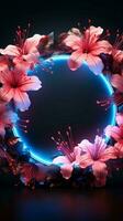 Neon flowered circle Radiant pink blooms frame a dark background with blue light Vertical Mobile Wallpaper AI Generated photo