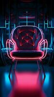 Neon lit ambiance A chair in a dim room glows with intrigue Vertical Mobile Wallpaper AI Generated photo