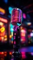 Vibrant neon light electrifies the stage for mic and speakers harmonious dance Vertical Mobile Wallpaper AI Generated photo